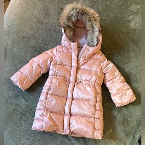 GAP Pink Puffer Coat with Faux Fur Trim Hood